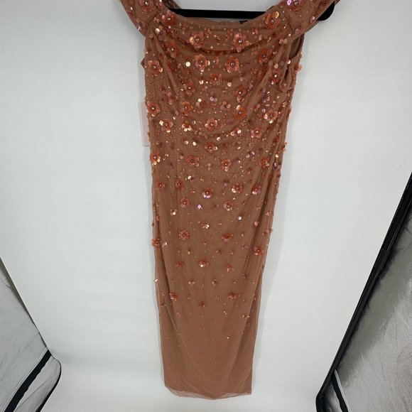 BHLDN Adrianna Papell Floral Beaded Maxi Off Shoulder in Toffee NWT US size 8 - Picture 8 of 9